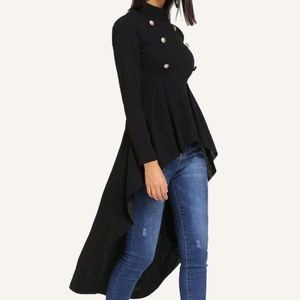 Black Mock Neck Double Breasted Dip Hem Peplum Top